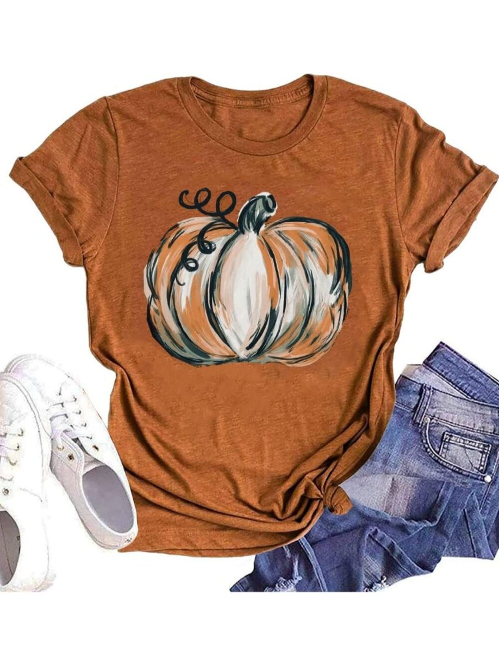 🆕 Women's Orange Painted Pumpkin Halloween Graphic Tee Short Sleeve Shirt